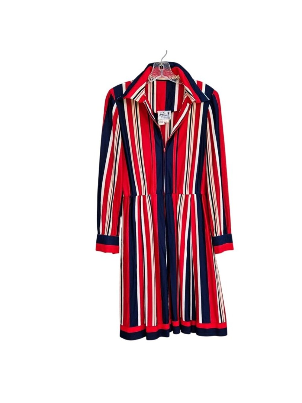 Vintage 70s California Stripe Nylon Knit Dress Red White Blue Zip Front Womens M - Picture 6 of 14